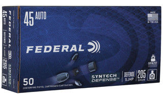 Federal Syntech Defense Hollow Point 45 Auto 205 gr ammunition features 50 polymer coated cartridges